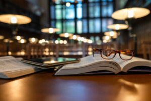 Cyfrowy tablet i okulary na książkach w bibliotece publicznej